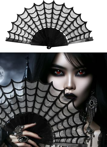 FIESTAS GUIRCA | Schicker Schwarzer Gothic Fächer- Kostüm Zubehör für Cosplay Halloween Karneval Fasching - Ideal als Festival Accessoire - Fächer mit Spinnennetz Design Schwarz