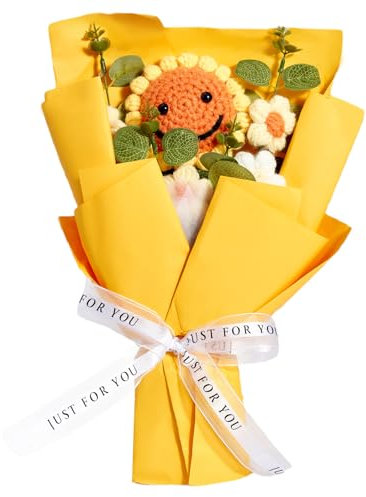 Chovbe Bouquet di girasoli all'uncinetto, realizzato a mano, con girasole sorridente, regalo floreale artificiale per festa della mamma, compleanno, San Valentino, decorazione per la casa