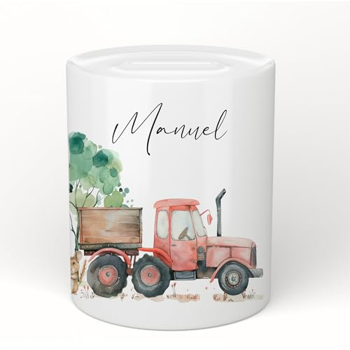 Manufaktur Liebevoll Spardose mit Namen Personalisierte Spardose Kinder Geschenk Baby Mädchen Junge SparschweinTraktor Bauernhof