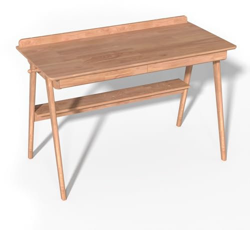 BuyUp Escritorio de Madera Maciza, Mesa de Ordenador Moderna, 120x60x75 cm, Diseño Mediados de Siglo, con 2 Cajones y Estante, Color Nogal (Color de la Madera, 100 * 60)