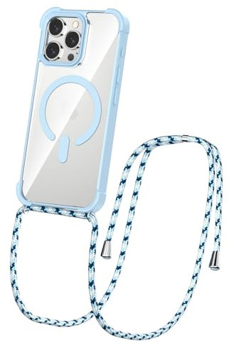 CAROKI Magnetic Crossbody Lanyard Case for iPhone 16 Pro, Ultra Clear Case Compatible with MagSafe Bumper with Strap Adjustable Neck Cord Necklace Cover for iPhone 16 Pro-Light Blue