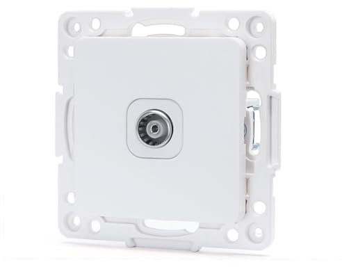Pieza adaptadora de toma de TV 1 vía, color blanco, compatible con sistemas alemanes y franceses; ideal para conectar dispositivos de televisión.
