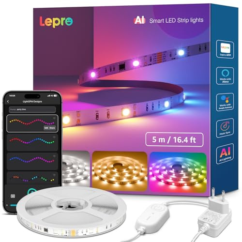 Lepro AI LED Streifen S2, 5M RGBCW mit Weißlicht, MagicColor RGBIC | LED Strip mit Personalisierter KI-Lichtdesigner, Musik-Sync, Kompatibel mit Alexa & Google Assistant für Gaming & Ambiente