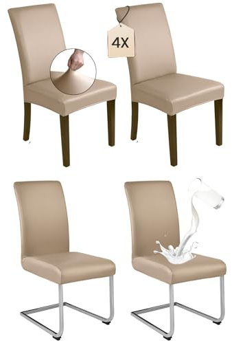 Dmyifan Stuhlhussen 4er Set Khaki PU Leder – Elastische & wasserdichte Stuhlbezüge, Waschbar & Abnehmbar – Universell für Esszimmer, Küche, Restaurant, Hotel & Hochzeit