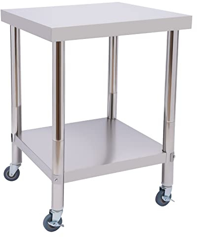 HPDTZ Arbeitstisch aus Edelstahl 60x60 cm, Mobile Werkbank mit 2 Ebenen, Rollbarer Servier Wagen als Anrichte, Gastro Tisch und Regal, Belastbar bis 300 kg für die Küche