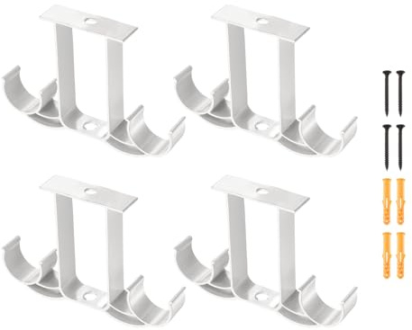 QUARKZMAN 4Pcs Fixations De Plafond pour Barre À Rideaux, 115mm Supports Double pour Barre À Rideaux De 1, Crochets pour Barres À Rideaux Support De Montage Murale avec Vis, Blanc