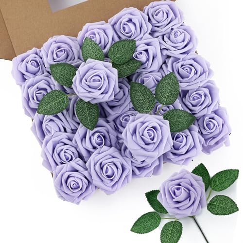 DuHouse Artificial Roses 50Pcs Fake Foam Rose Flowers Weeding(Lilac) | Real Touch Foam Roses with Stems, DIY Wedding Bouquet, Party Centerpiece, Floral Arrangement, Party Home Decor