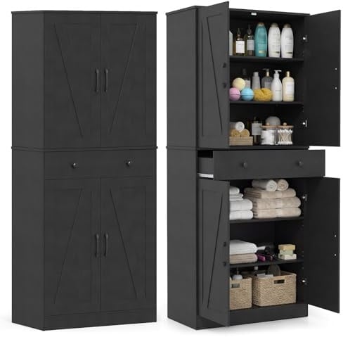 COSTWAY Armoire de Rangement 183 cm, Armoire Chambre 4 Portes avec Grand Tiroir, 3 Étagères Ajustables, Style Porte Grange Moderne, 2 Kits Anti-Basculement, pour Salon, Salle de Bain (Noir)