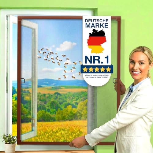 KESSER® Fliegengitter Fenster 100x120cm Mückenschutz mit Aluminium Rahmen, Spannrahmen Fliegengitter ohne Bohren, Insektenschutz, Moskitonetz Fliegennetz für Fenster einfach montieren, Braun