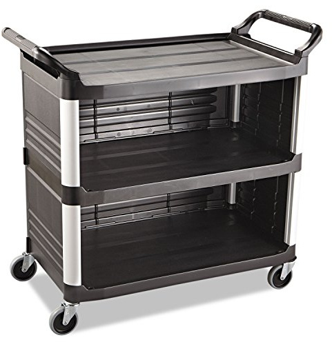 Rubbermaid Commercial Products Servicewagen mit 3 Ablagen aus HDPE, 96 x 103 x 51 cm, 136 kg Tragkraft, mit Seitenwänden, Schwarz