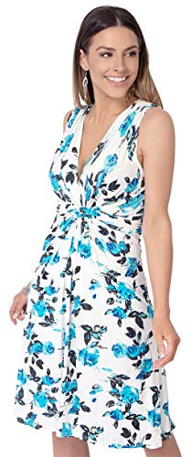 KRISP Women Sleeveless Floral Summer Dress V-Neck Knot Front (Turquoise, 20), 6252-TUR-20