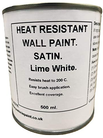 1 x 500ml Satin Lime White Heat Resistant Wall Paint. Wood Burner Stove Alcove. Brick, Concrete, Plaster, Cement Board, Rendering, Metal, Timber etc.