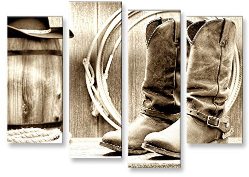 islandburner Bild Bilder auf Leinwand Cowboy Boots Stiefel Western Lasso Retro 4er XXL Poster Leinwandbild Wandbild Dekoartikel Wohnzimmer Marke