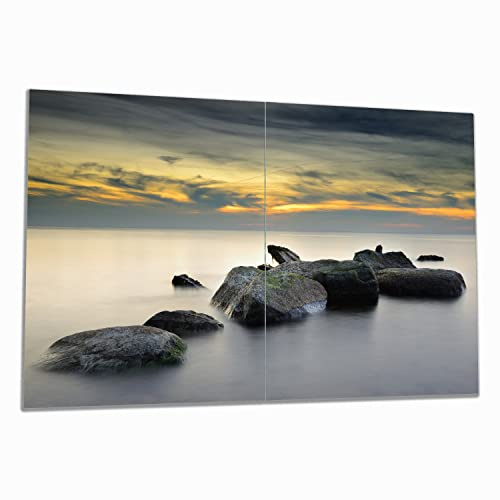 Wallario Herdabdeckplatte/Spritzschutz aus Glas, 2-teilig, 80x52cm, für Ceran- und Induktionsherde, Mystische Felsen im Meer