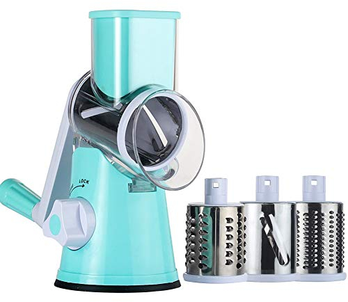 Ourokhome Rotary Cheese Grater Chopper - Vegetable Mandoline Slicer with 3 Interchangeable Ultra Sharp Cylinders Stainless Steel Blades(Blue)