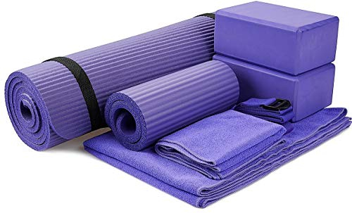 BalanceFrom GoYoga 7-teiliges Set – inklusive Yogamatte mit Tragegurt, 2 Yoga-Blöcken, Yogamatten-Handtuch, Yoga-Gurt und Yoga-Knieschoner (lila, 1,27 cm dicke Matte), violett