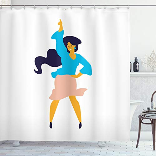 ABAKUHAUS Féminin Rideau de Douche, Enthousiaste Dancing Girl Art, Tissu Ensemble de Décor de Salle de Bain avec Crochets, 175 cm x 240 cm, Blue Sky Peach
