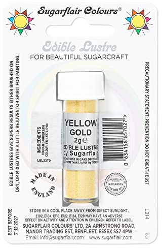 Sugarflair Yellow Gold Edible Lustre Dust, Add a Lustrous Shine to Cakes or Decorations. Brush On or Add Rejuvenator to Create Eye-Catching Edible Paint, Gives Shine to Your Bakes - 2g