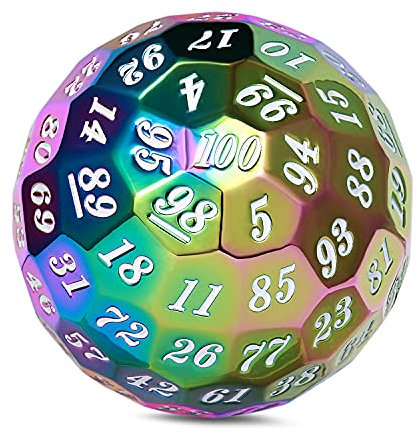 DNDND Rainbow D100 Metall-Würfel, 50 mm, 100 Seiten, Polyedrischer Würfel mit Metallgehäuse und Samtbeutel für Tischspiele (Regenbogen mit weißer Zahl)