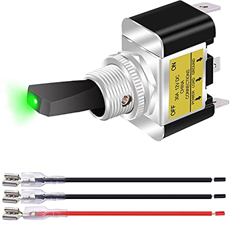 mxuteuk 12V 30A Kipphebel-Kippschalter Wippschalter mit Kabel, grün LED-beleuchteter Kippschalter SPST EIN/AUS 2 Position 3-polig für PKW-LKW ATV ASW-07D-2-GX