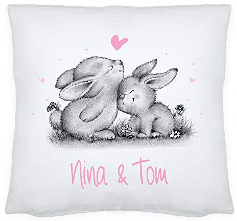 Geschenke.de Kissen für Verliebte Hasen mit Personalisierung der Namen, Dekokissen für Paare, Couples oder Brautpaar, Geschenkidee zur Hochzeit, Valentinstag, Geburtstag, 40x40cm