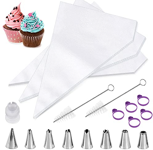 Annhao sac a Poche USA e Getta, 120 Pezzi grandi Sacchetto per Pasticceria e Getta, Set per Decorazione Torte con 8 Ugelli in Acciaio Inossidabile e 5 Cinturini per Sigillatura a Tenuta