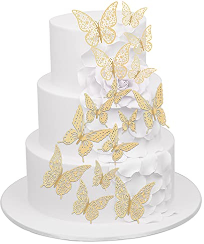 36 Pack Gold Glitter 3D Butterfly Cupcake Toppers - Hollow Butterfly Cake Decorations for Birthday, Wedding, Fairy Party