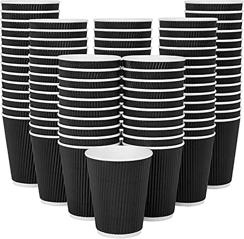 Disposable Bio Paper Coffee Cups [12oz / 340ml, 100pcs] Kraft Brown Eco Cups for Beverages, Party, Wedding, Anniversary, Birthday Supplies (12oz (350ml), Insulated Black Ripple) Leak-proof)