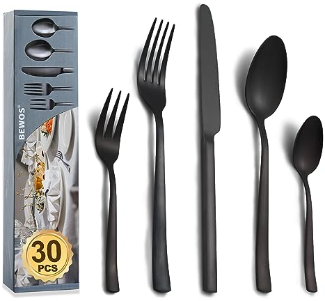 BEWOS Besteckset für 6 Personen, 30-teilig aus Edelstahl, Mattschwarz Mit Messern, Gabeln und Löffeln, Hochglanzpoliert und Spülmaschinenfest