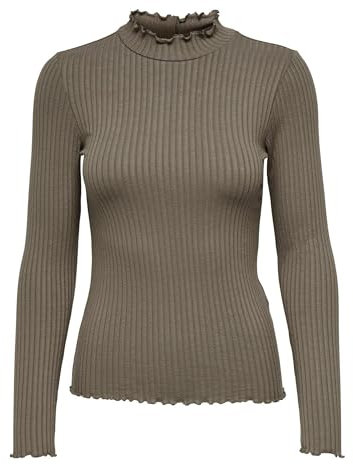 JdY Damen Dünnes Langarm Shirt Basic Rundhals Stehkragen Longsleeve Stretch Oberteil JDYFRANSISKA, Farben:Braun, Größe:S