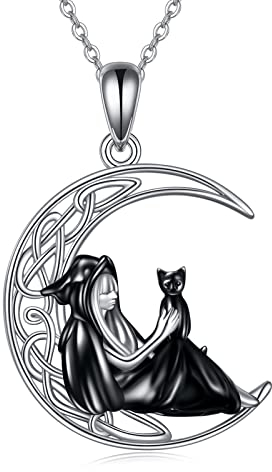URONE Hexenkette aus Sterlingsilber Hexe und schwarze Katze keltischer Mond Anhänger Halloween-Schmuck Geschenke für Frauen und Mädchen