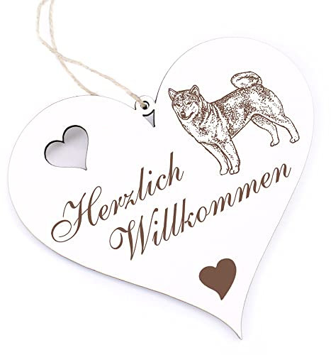 Herzlich Willkommen Schild - Shiba Inu - Deko Herz Holz Willkommensschild Türschild Dekoschild Türdeko