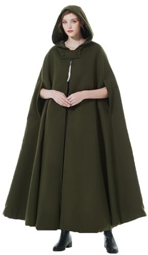 BEAUTELICATE Umhang mit Kapuze Mantel Wollmischung Damen Poncho Cape Lose Trenchcoat Outwear Hochzeit Herbst Winter Halloween Weihnachten (Khaki Grün - Voller Länge 127cm, Einheitsgröße)