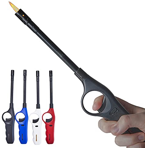 TOM 4 x Stabfeuerzeug mit Turbo Flame – langes Sturmfeuerzeug mit Stab 28,3 cm lang – Feuerzeug Jetflame – 4 Stück im Set schwarz weiß blau rot – Elektrofeuerzeuge mit Gas befüllt & nachfüllbar