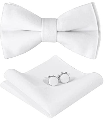 HOULIFE Fliege Herren Set - Verstellbare Fliege aus Samt Vorgebunden Fliege, einfarbige Einstecktuch, Manschettenknöpfe Set für Bräutigam Hochzeit formal mit Geschenkbox, Weiß