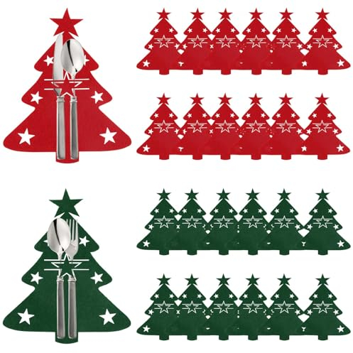Porta Cubiertos Navidad, ACTOYS 24Piezas Navidad Titulares de Cubiertos, Soporte Cubiertos de Navidad, Porta Cubiertos Árbol de Navidad, Bolsas Cubiertos de Navidad en Forma de Árbol de Navidad