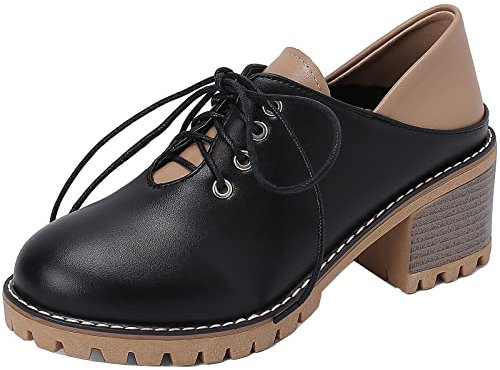 CUTEHEELS Oxford-Schnürschuhe für Damen mit Runder Kappe und Mittigen Chunky Heels (Schwarz, 38)