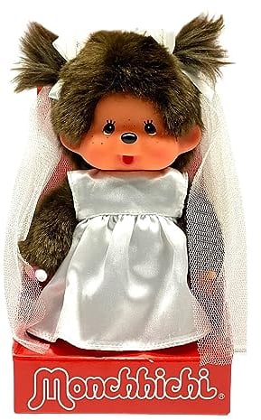 Sekiguchi 244058 - Original Monchhichi Mädchen, Plüschtier mit Brautkleid und Schleifen, ca. 20 cm großes Kuscheltier aus braunem Plüsch, Brown