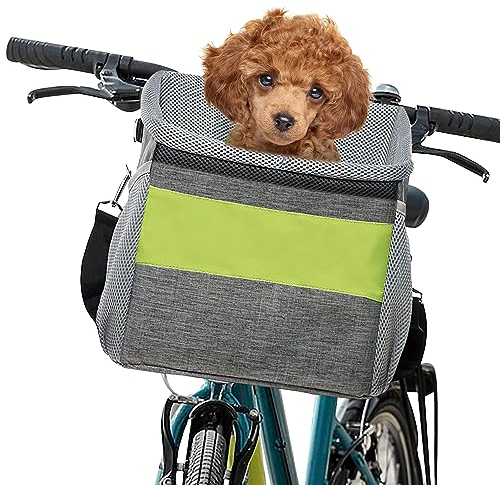 ALLSOPETS Cestino per Bicicletta Animale Domestico, Cestino Anteriore Bici Staccabile per Cane, Staccabile Borsa da Bicicletta per Cani, Pieghevole Cestino per Bici con Tasche Portaoggetti Grigio
