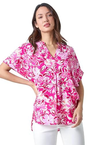 Roman Originals Pleat Front Top for Women UK Ladies Pleated Shirt Notch V Neck Blouse Summer Tunic Spring Pull-On Comfy Soft Evening Holiday Vacation Work Party Everyday - Abstract Green - Size 12