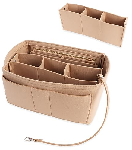 Moorle Handtaschen Organizer, Filz Taschenorganizer 30*17*16cm, Taschen Organizer mit Innentaschen, Beige Taschenorganizer Bag in Bag Taschenordner mit Fächer, Handtasche Einsatz mit Reißverschluss
