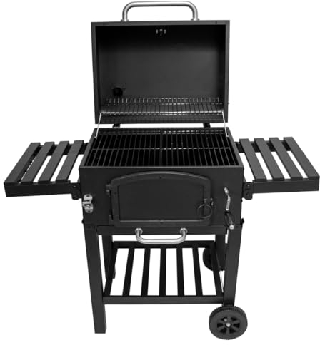 BBQ Barbecue Affumicatore Barbeque da Giardino Carbonella Forno Regolabile con 4 Ventole Termometro Ripiani Laterali Ganci Apribottiglie Ruote Copertura Antipioggia Spazzola Metallica - XL