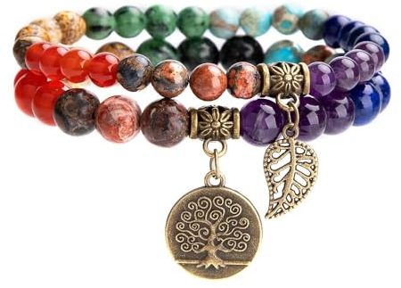 Farfume Chakra Armband Echte Steine, Edelsteine Armbänder fur Damen (Chakren und Baum des Lebens)