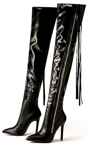 Stivali da Donna con Frange Stivali Alti alla Coscia Stivali con Tacco A Spillo A Punta sopra Il Ginocchio Stivali Sexy con Tacco Alto al Ginocchio Scarpe in Pelle PU con Cerniera,Nero,41
