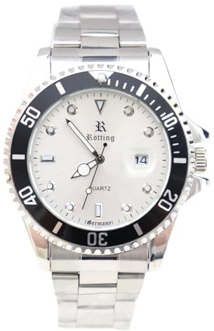 Rötting Design Herrenuhr Quarz aus der Collection Rötting Schwarze Lünette zum Drehen silberfarbenes Ziffernblatt Datum