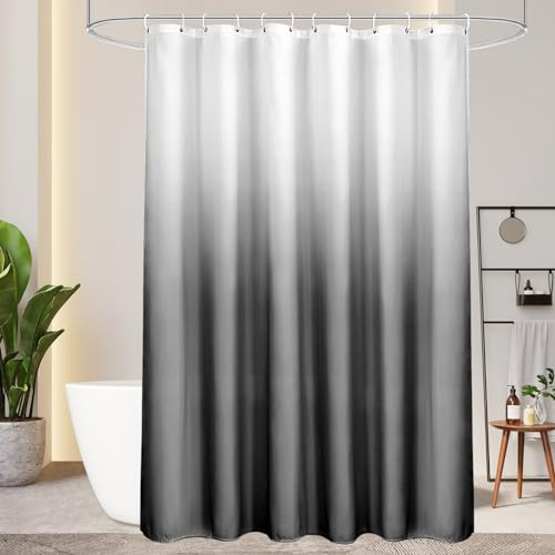 AooHome Duschvorhang 220X200cm Textil, Grau Duschvorhänge 120g/m² Farbverlauf Badvorhang Wasserdicht Waschbar Antischimmel mit 14 Duschvorhangringen(Weiß nach Schwarz)