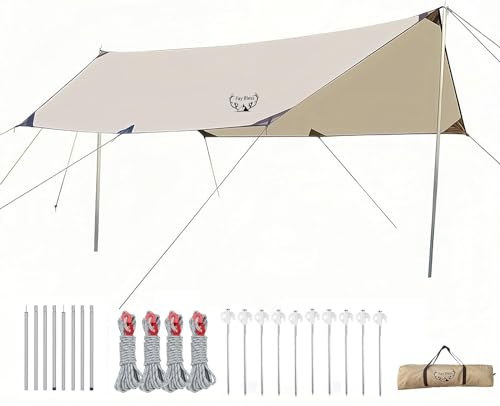 Fay Bless Tienda de Campaña Tarp 3m x 4m Multifuncional Portátil Toldo de Protección Solar con 10 Estacas y 8 Cuerdas para Hamaca Viajes al Aire Libre y Picnic (Beige 4 × 3 m)