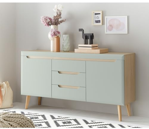 Esszimmer, Wohnzimmer Sideboard, Anrichte, Kommode in Grün Matt mit Eiche