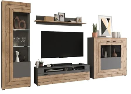 xonox.home Wohnzimmer Freno 4tlg. Set Wohnkombination Wohnwand Wohnzimmermöbel Wohnzimmerschrank Möbelkombination Wohnzimmerset in grau Nb.Absetzung Nox Oak Nb.