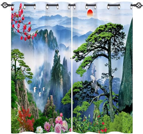 ANHOPE Natur Landschaft Berg Vogel Vorhänge mit Ösen Blickdichte Gardinen Thermo Vorhang Blackout Curtain Schlafzimmer Wohnzimmer Weich Verdunklungsvorhänge 2er Set H 138 x B 117 cm